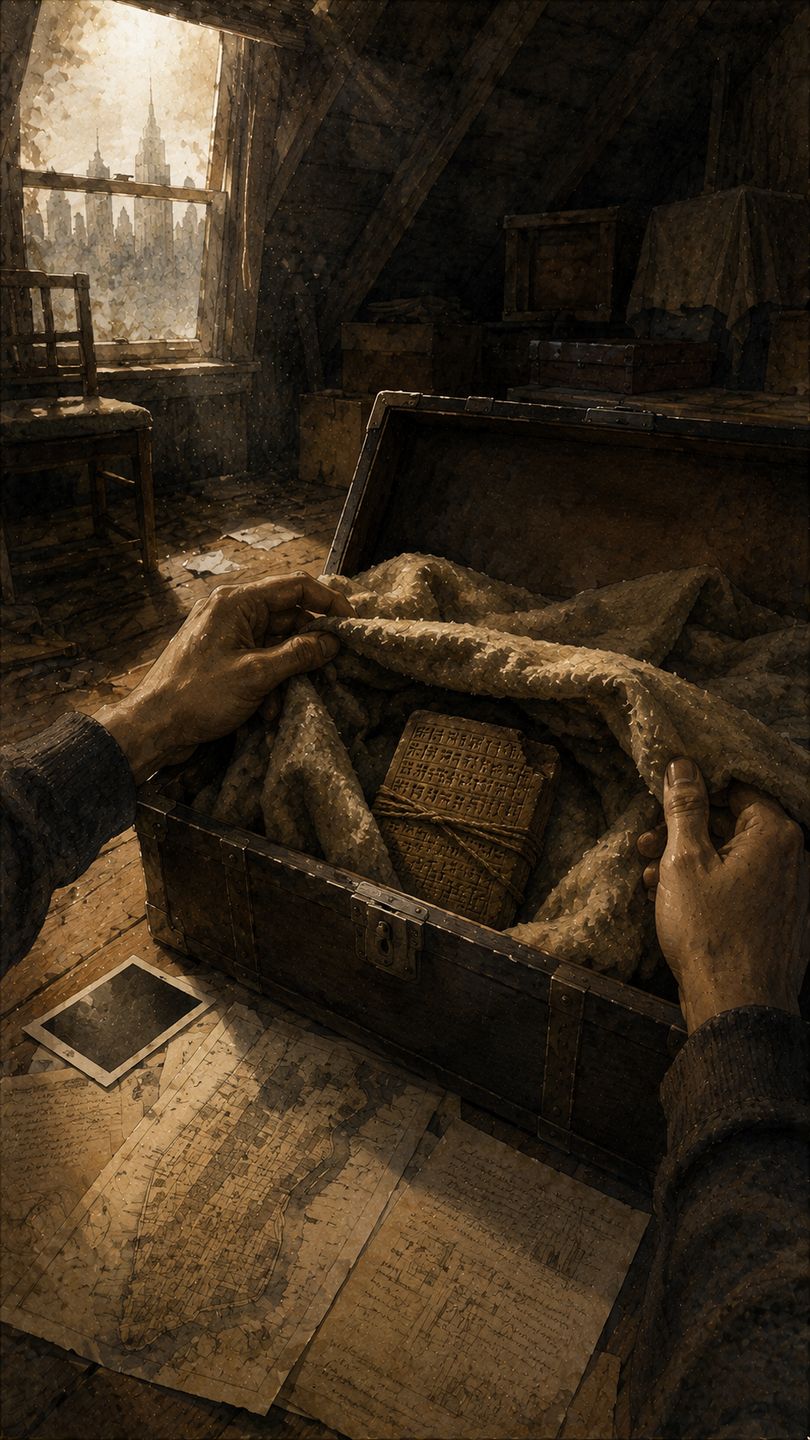 A wrapped shape resting in a dim, dusty attic.