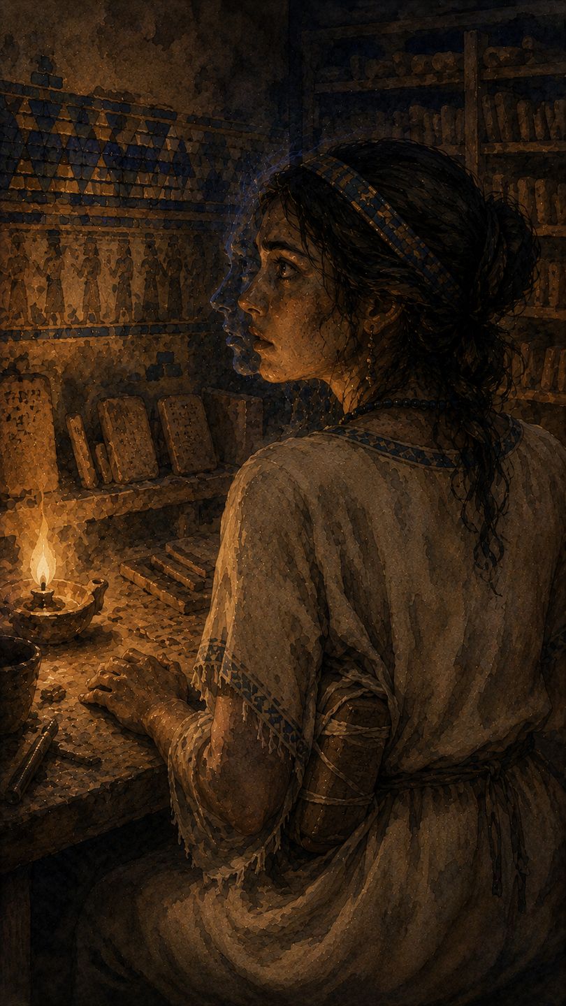 A young scribe at work by lamplight in ancient Uruk.