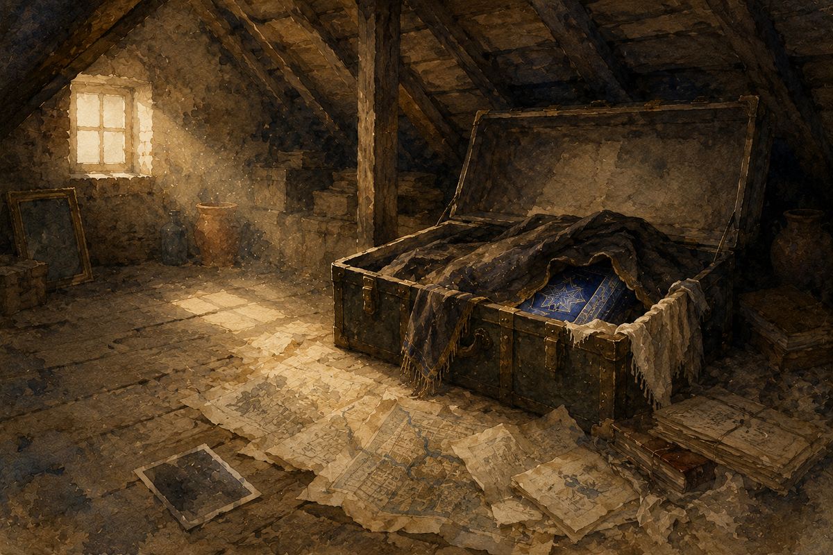 A wrapped shape resting in a dim, dusty attic.