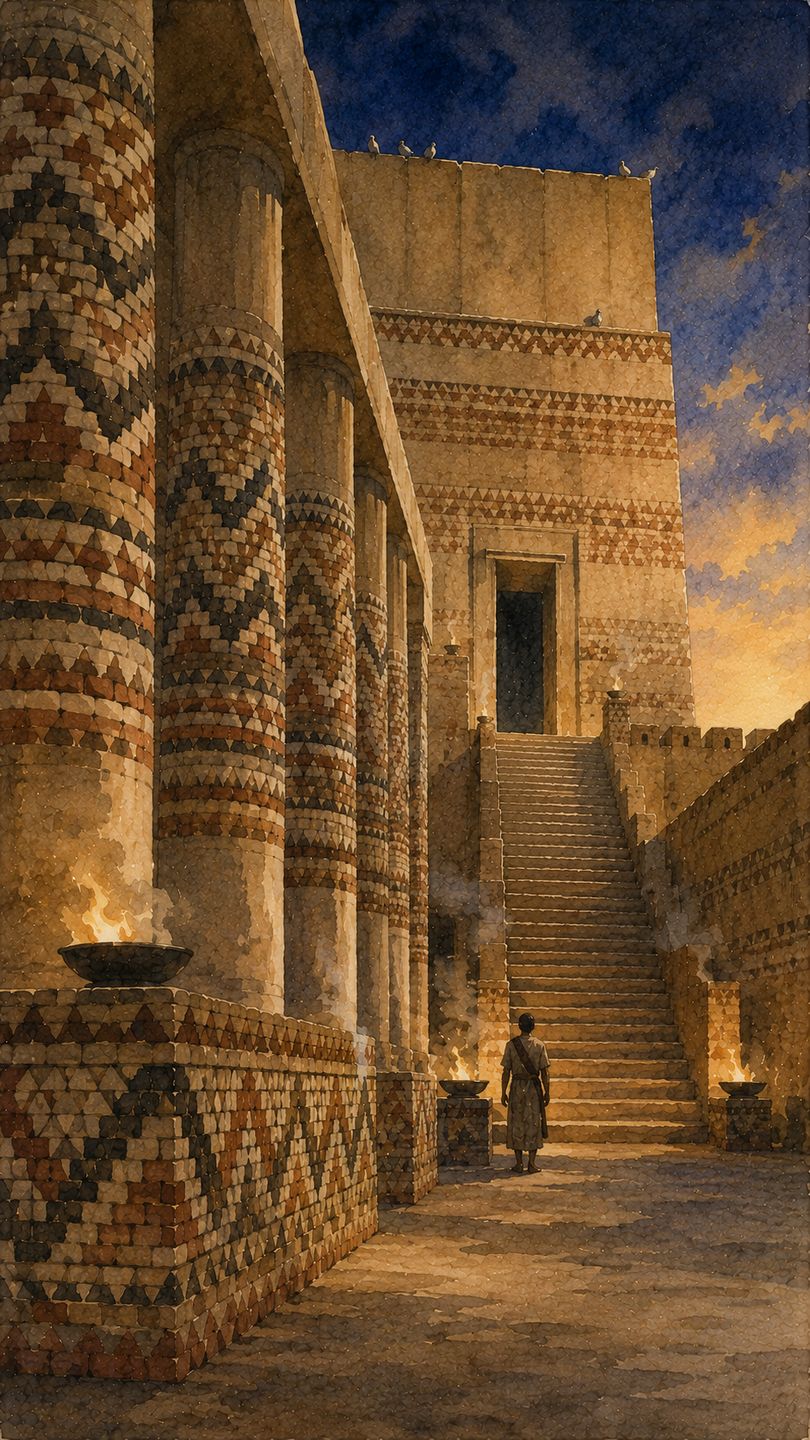 A young scribe at work by lamplight in ancient Uruk.