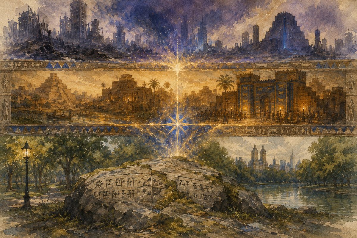 A luminous gate rendered in lapis blue and gold.